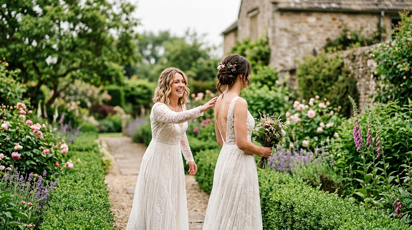 Two brides sharing a first look moment in a garden