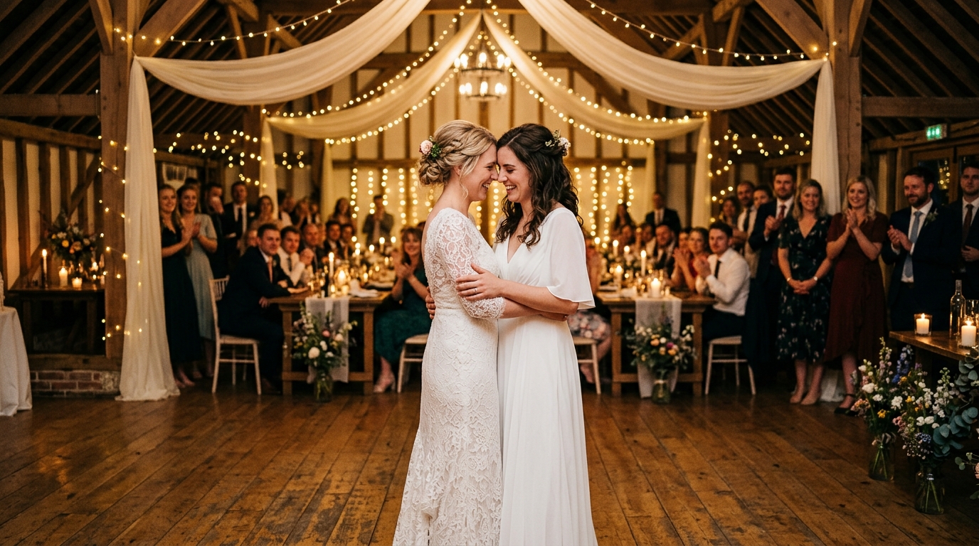 Two brides sharing their first dance at a UK wedding reception