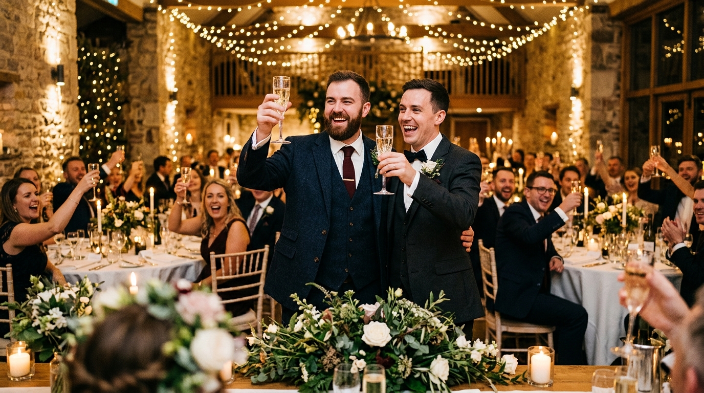Two grooms celebrating at their wedding reception with confetti