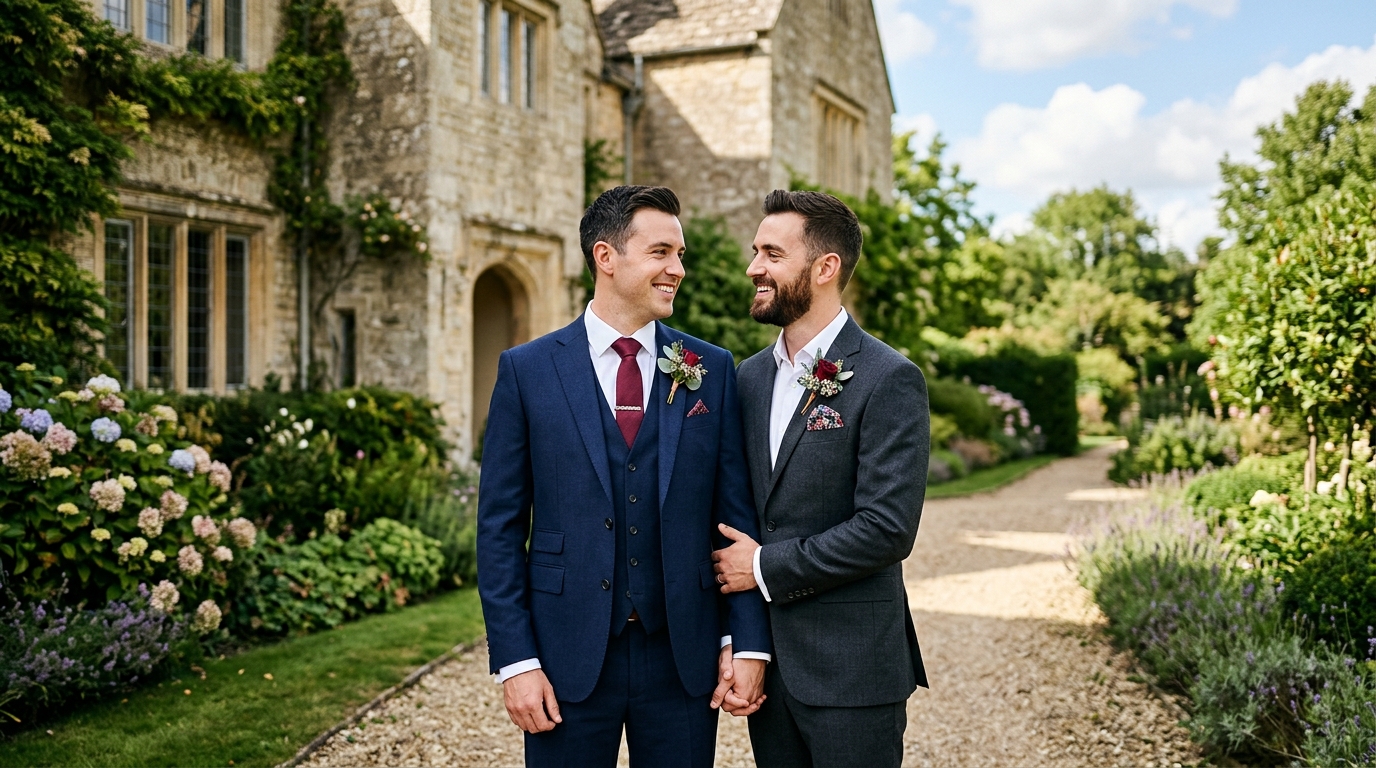 Two grooms in coordinated wedding suits smiling at each other during a UK ceremony