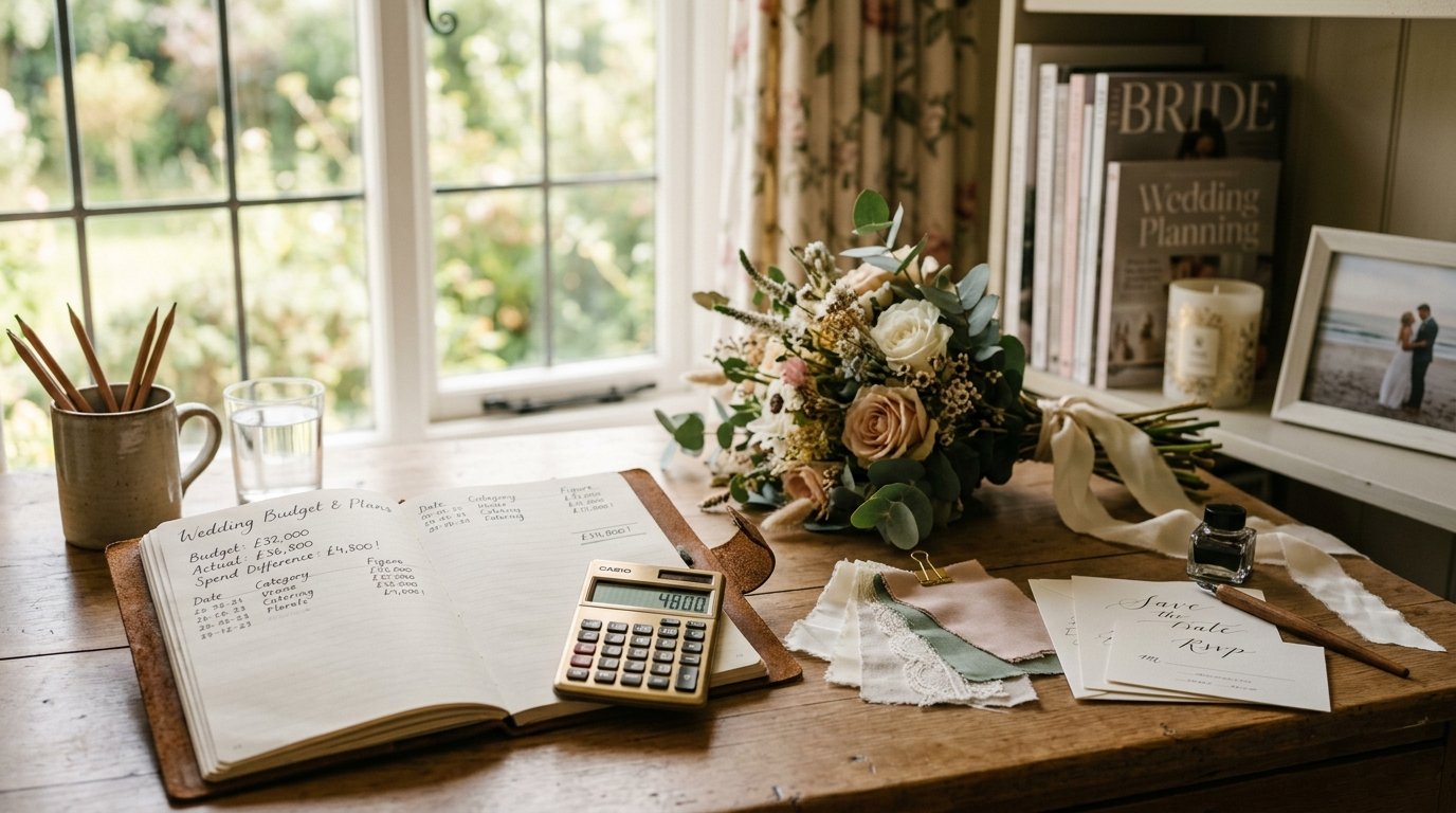 56% of UK Couples Overspend Their Wedding Budget — What the average overspend of £4,800 looks like in context, editorial photography for Weddings Hub