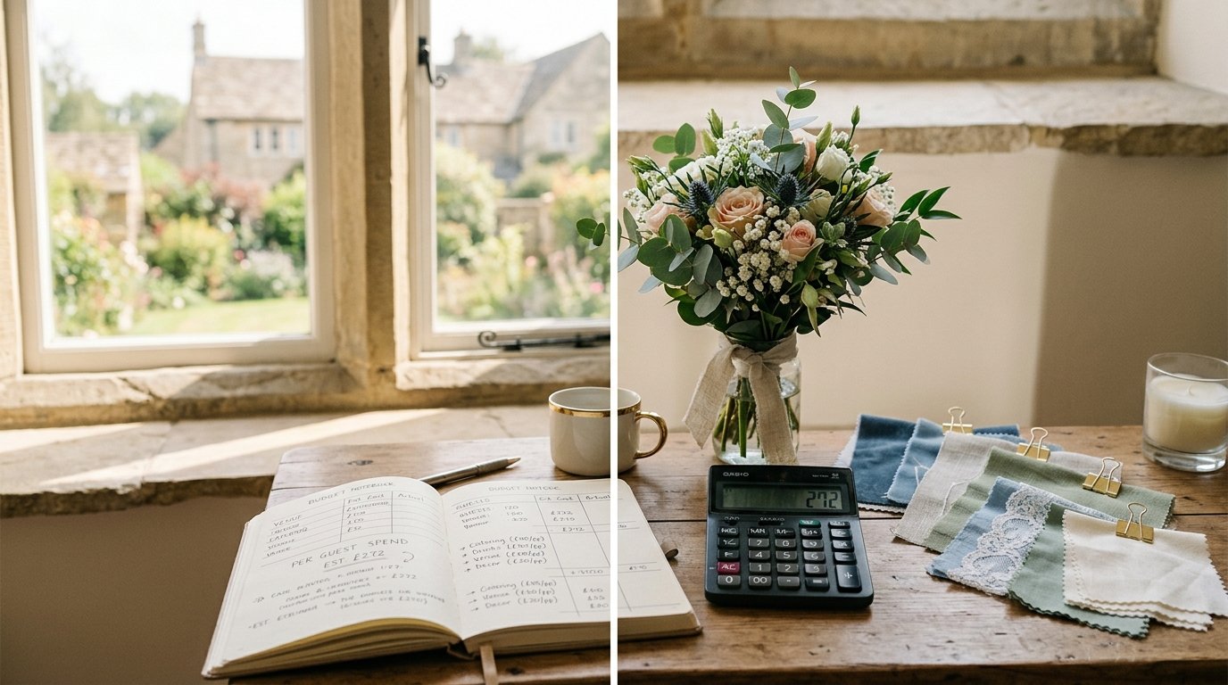 UK Wedding Spend Per Guest: Why It Hits £272 — Per-guest spend by UK region, editorial photography for Weddings Hub