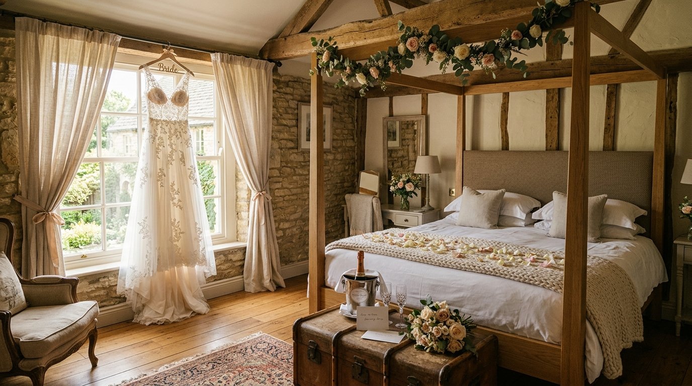Boutique bridal suite in a country venue, four-poster bed with white linen and rose petals, morning light streaming through curtains