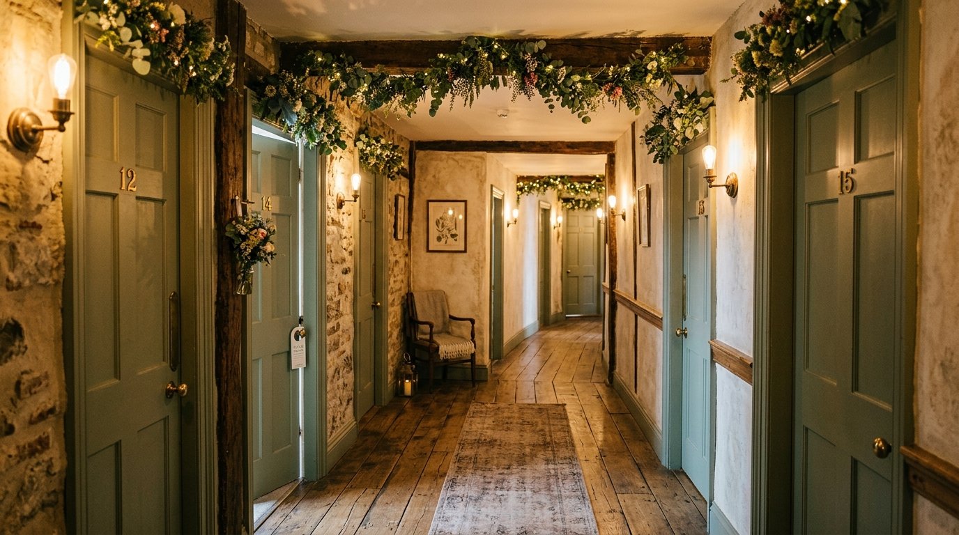 Charming venue corridor with guest bedroom doors, rustic wooden floorboards and fairy lights