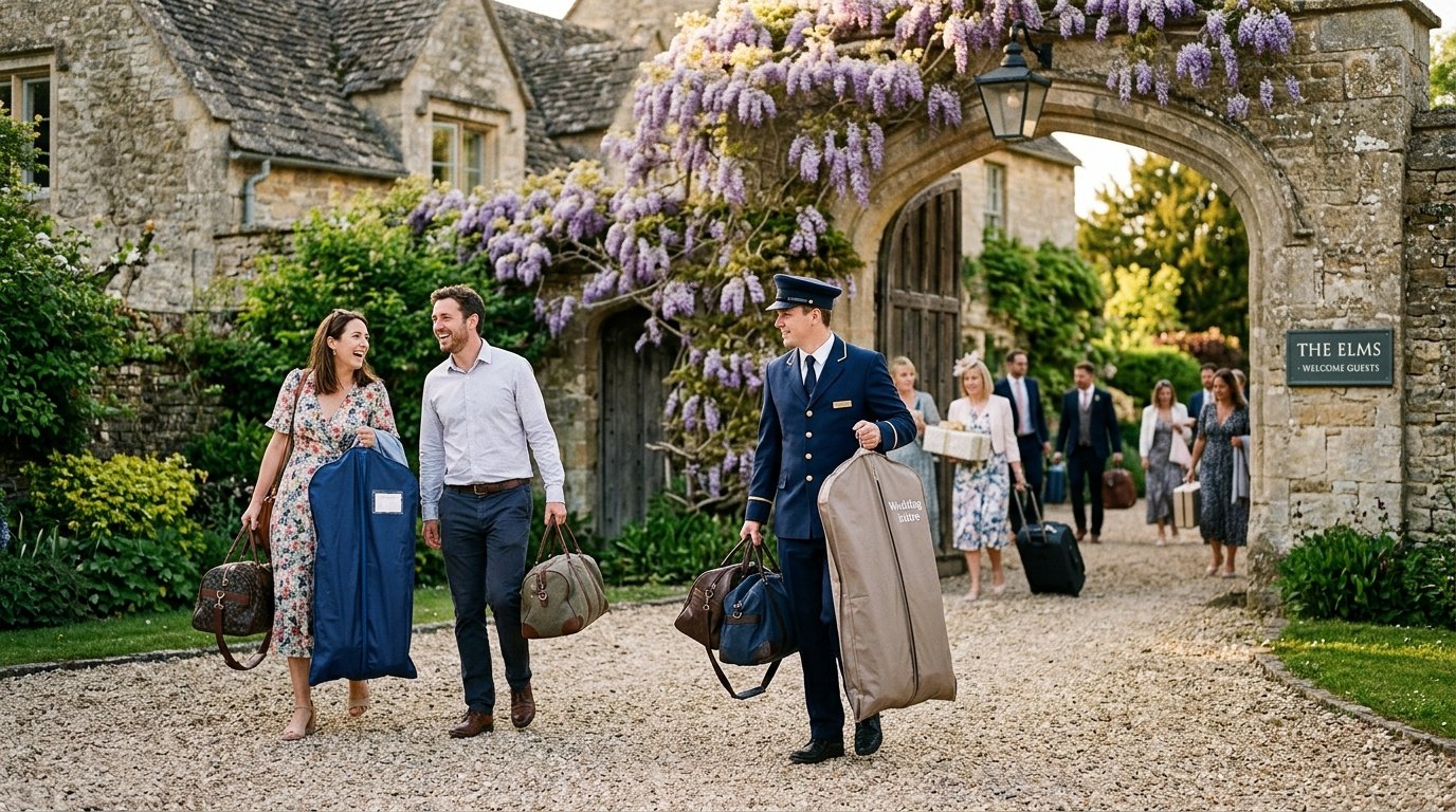 Wedding guests arriving at a country venue with overnight bags and garment bags, gravel driveway with stone entrance