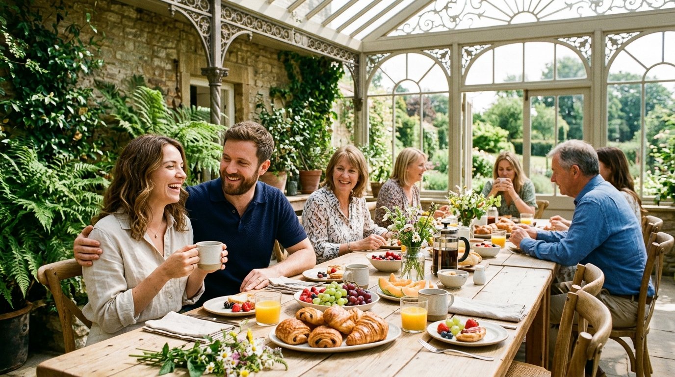 Morning after wedding breakfast in a country house orangery, couple and family at a long table with pastries and coffee in morning sunlight
