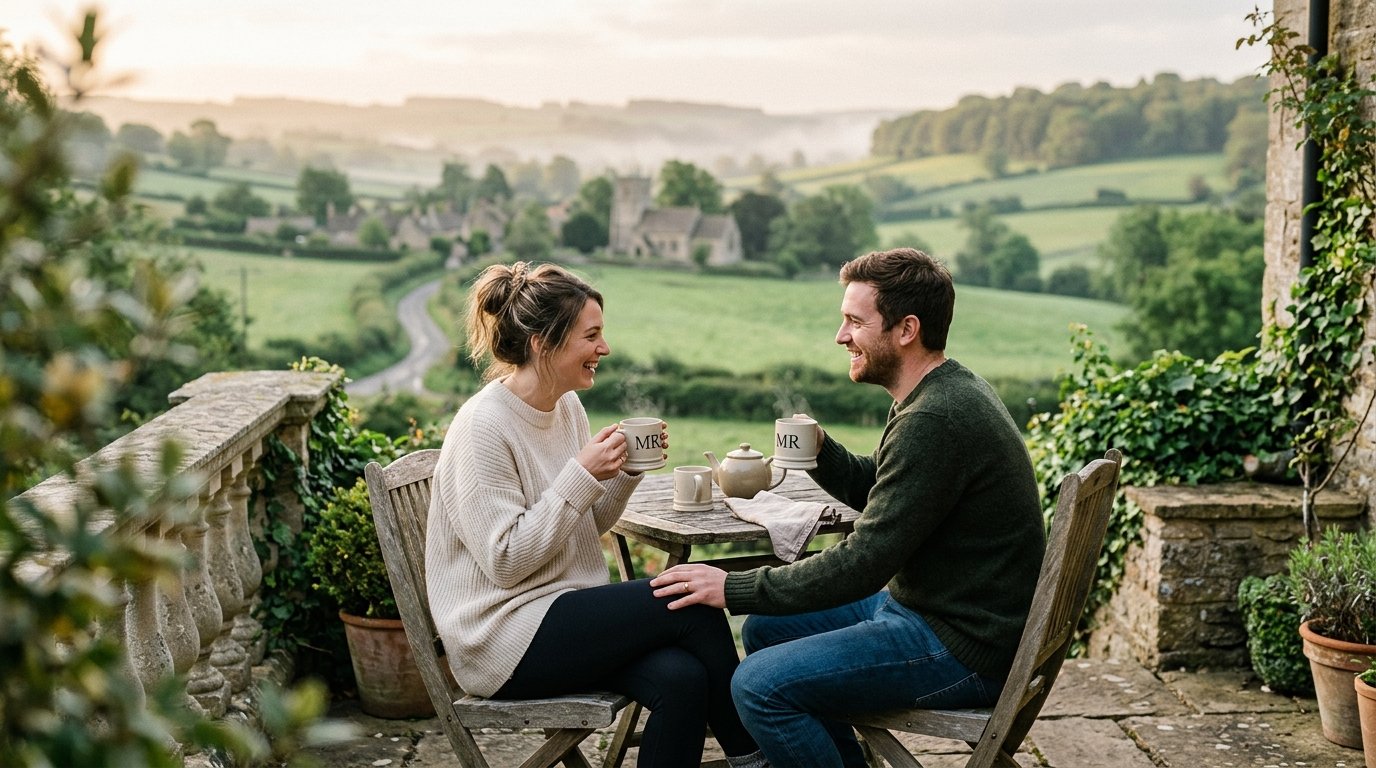 Morning after wedding, couple with coffee mugs on a terrace overlooking English countryside in dewy morning light