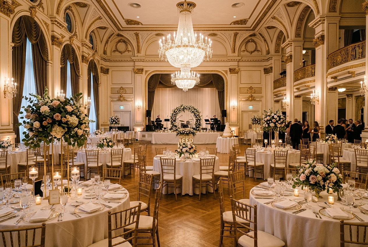 Grand hotel ballroom set up for a wedding reception, round tables, chandelier, floral centrepieces