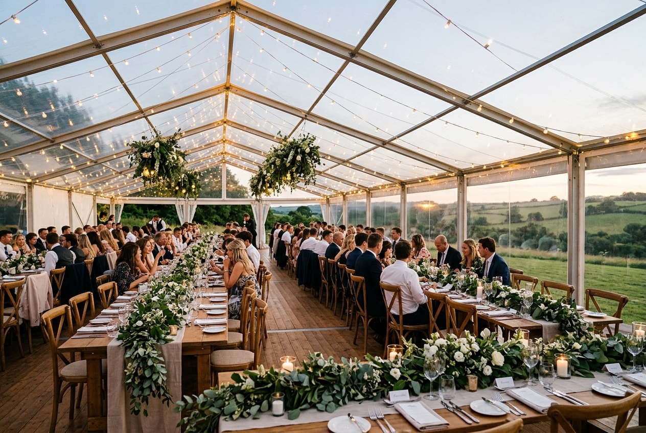 Decorated clear-span marquee, long banquet tables with greenery runners, festoon lights, countryside views
