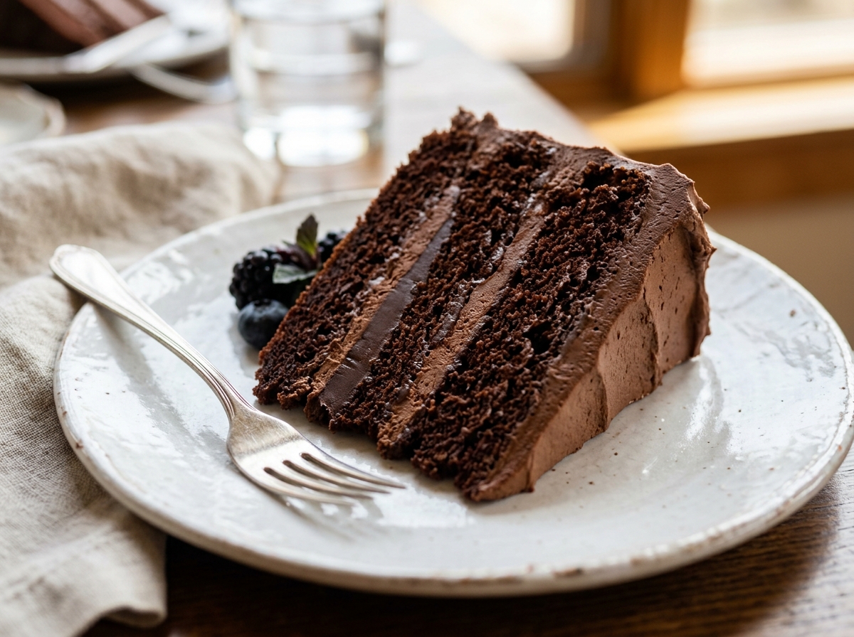 A slice of rich chocolate wedding cake showing layers and ganache