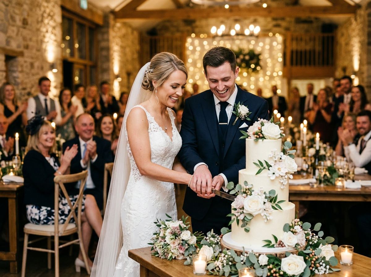 Bride and groom cutting their three-tier wedding cake together