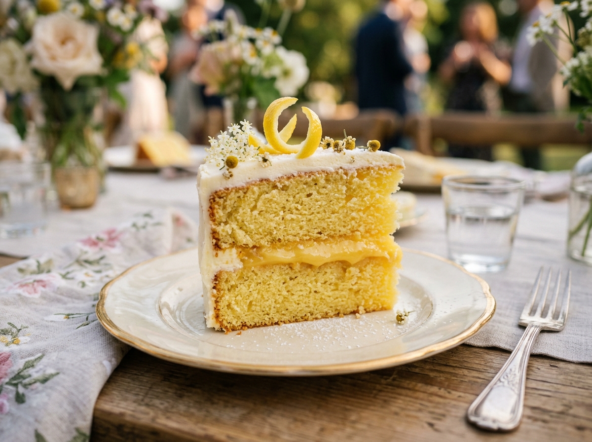 A slice of lemon drizzle wedding cake with lemon curd filling