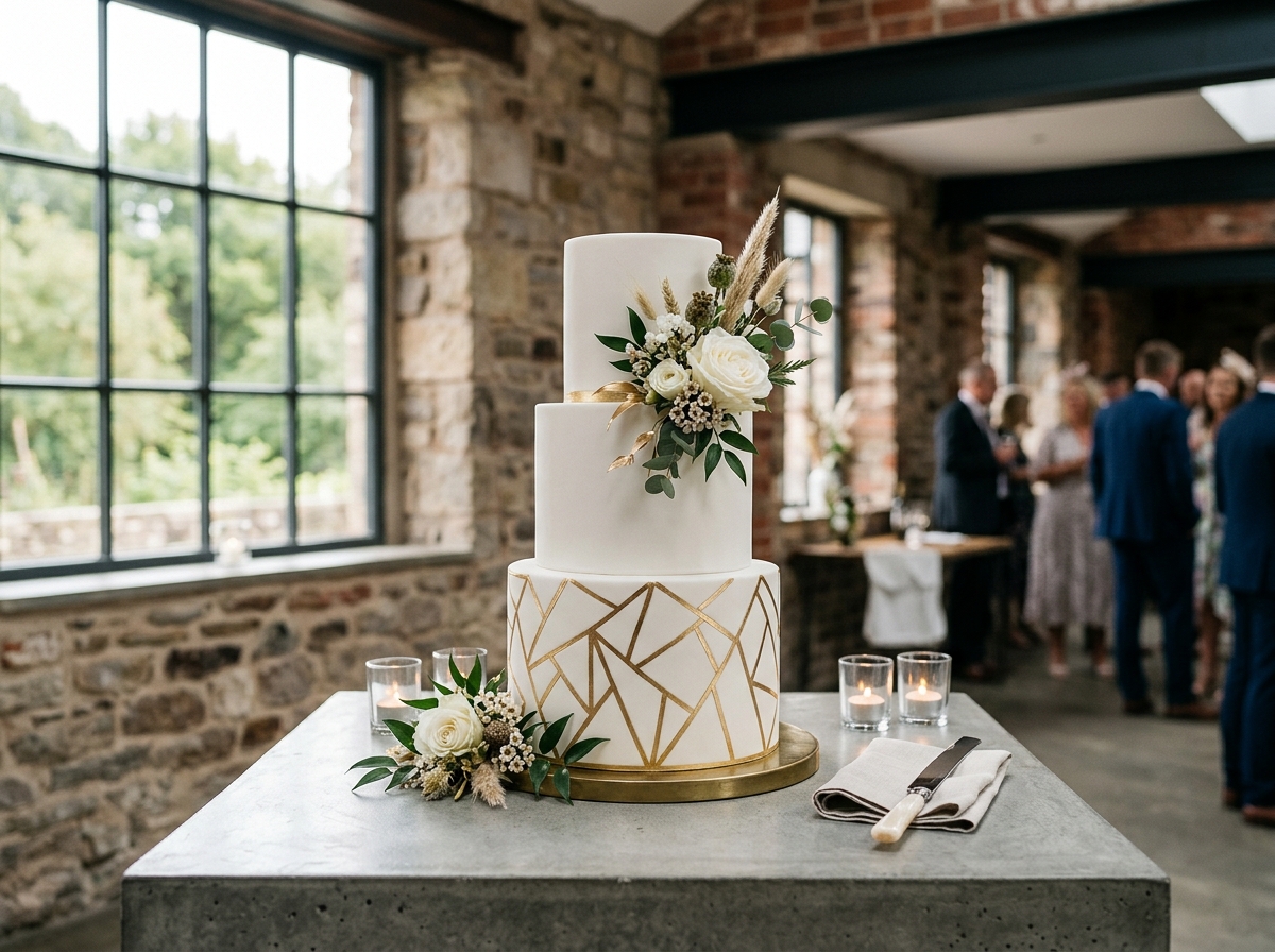 A modern minimalist two-tier wedding cake with geometric gold accents