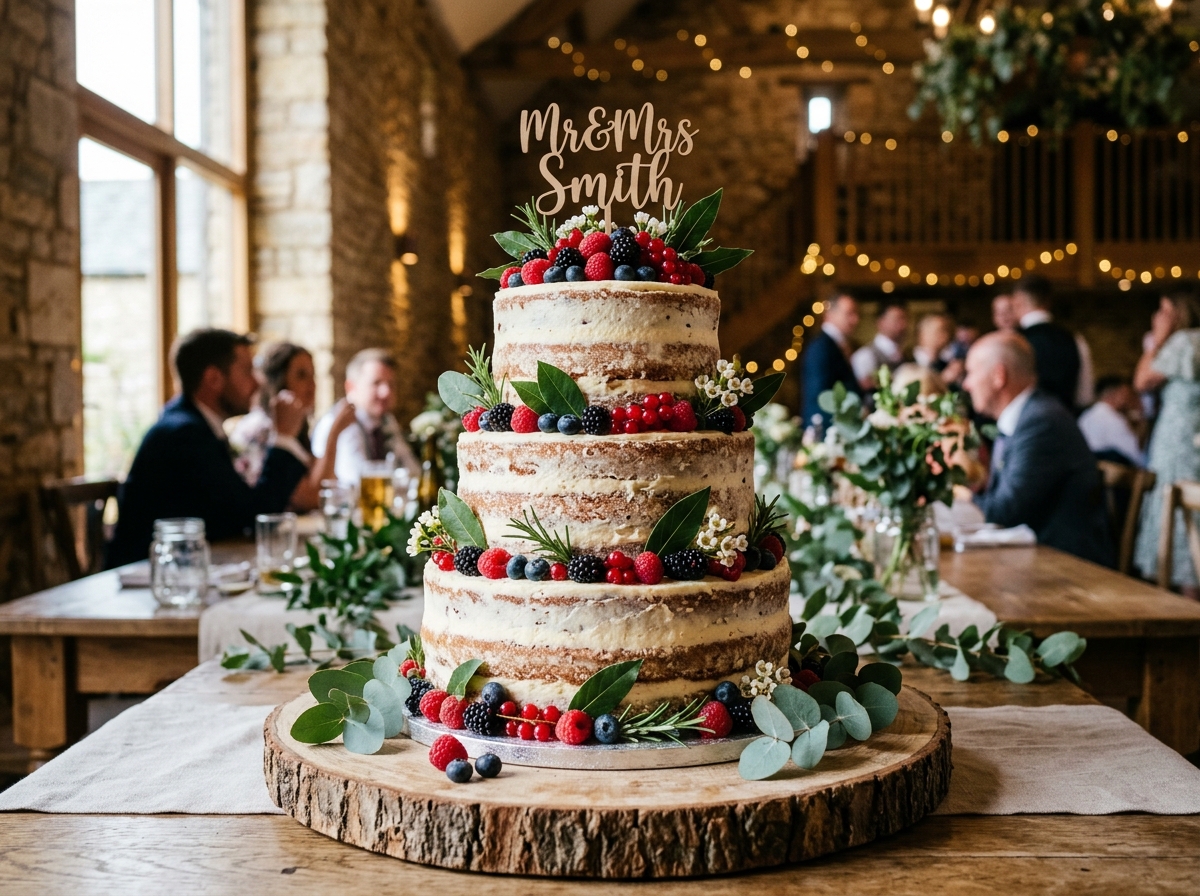 A rustic naked wedding cake with berries and greenery at a barn wedding