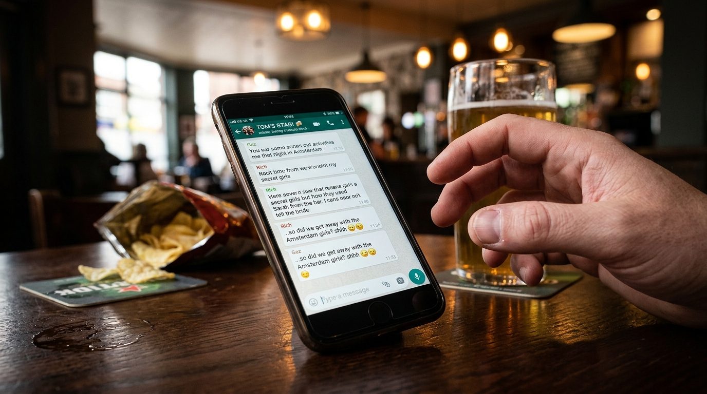 Case 2: the stag-do WhatsApp for When the Wedding Revealed the Cheating: 8 Stories