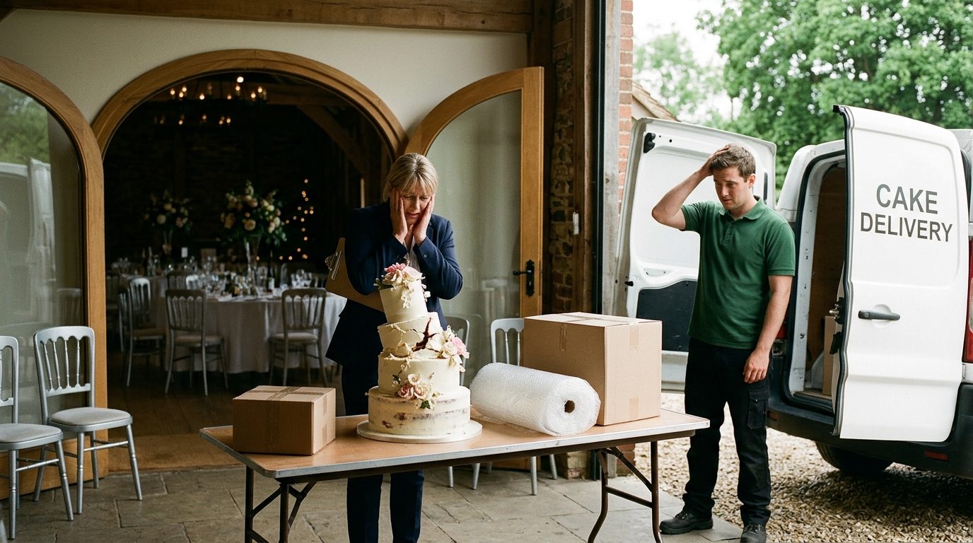 7. The wedding cake is damaged in transit for 13 Wedding Day Problems No One Warns You About