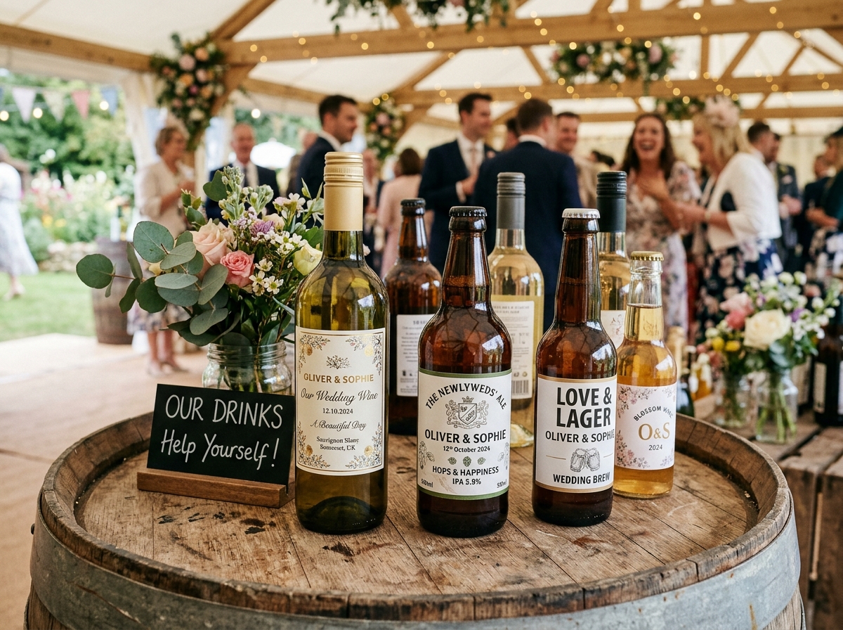 Craft beer and wine on a rustic barrel at a wedding reception