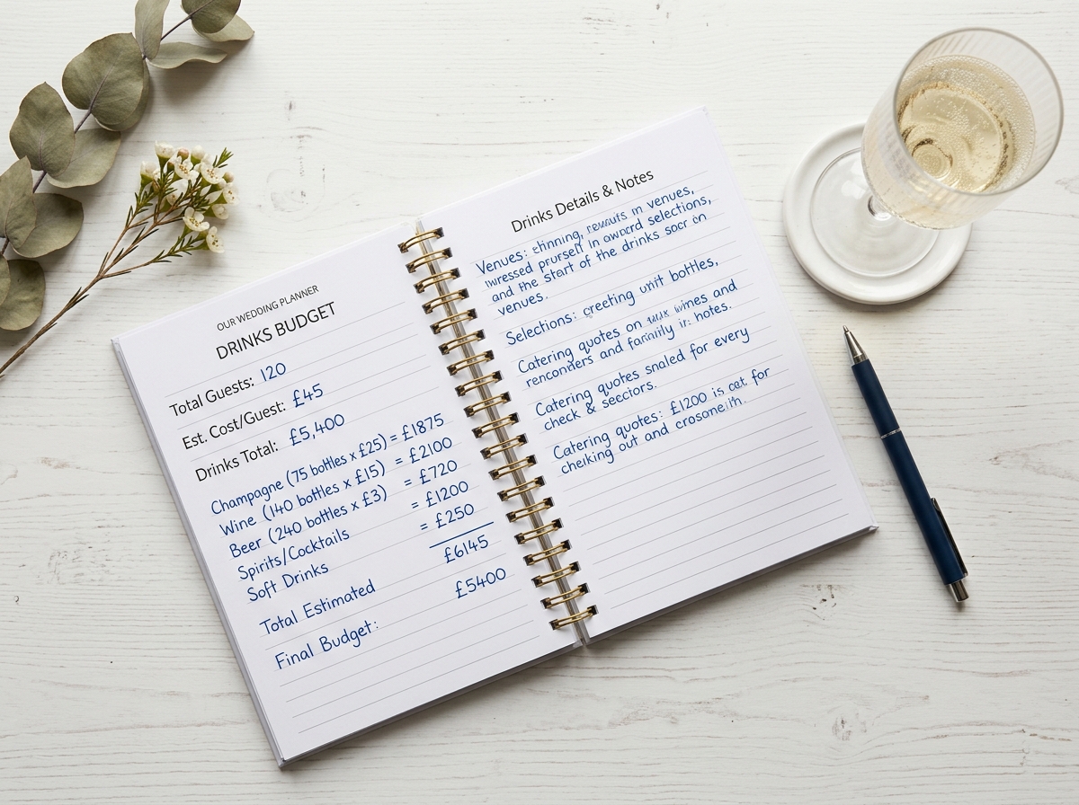 Wedding budget planner notebook with drinks calculations