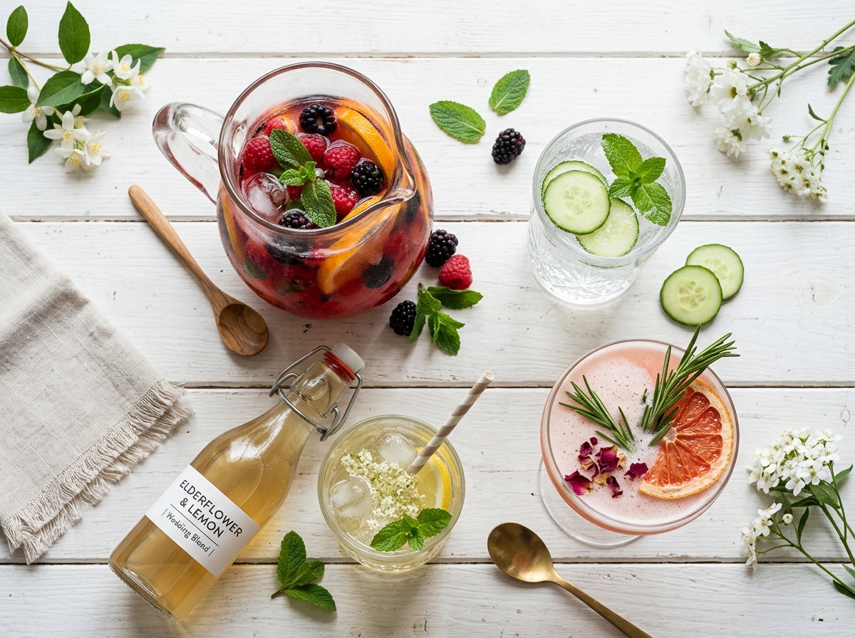 Selection of non-alcoholic wedding drinks including elderflower and mocktails