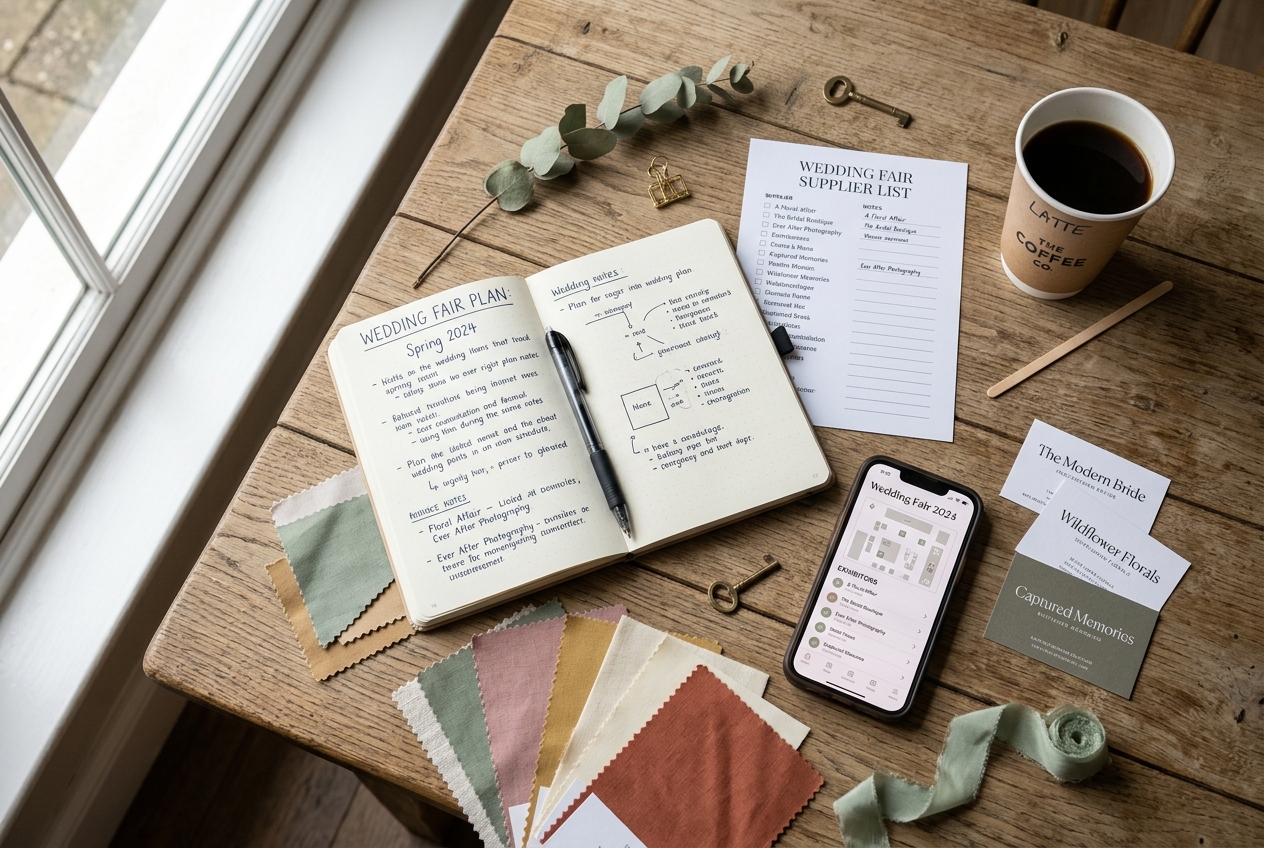 Wedding fair preparation items on a table — notebook, supplier list, colour swatches, and coffee