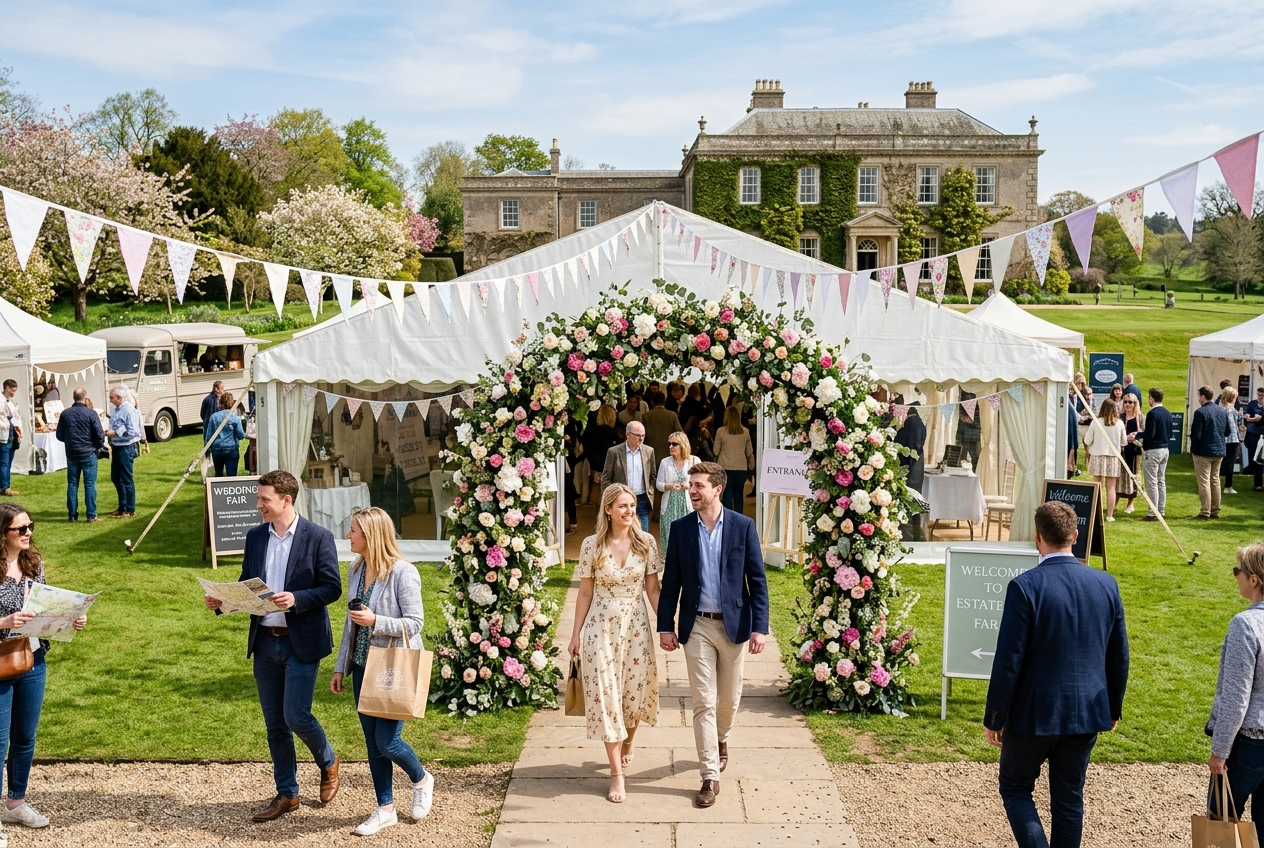 Outdoor wedding fair in a marquee on the grounds of an English country house estate