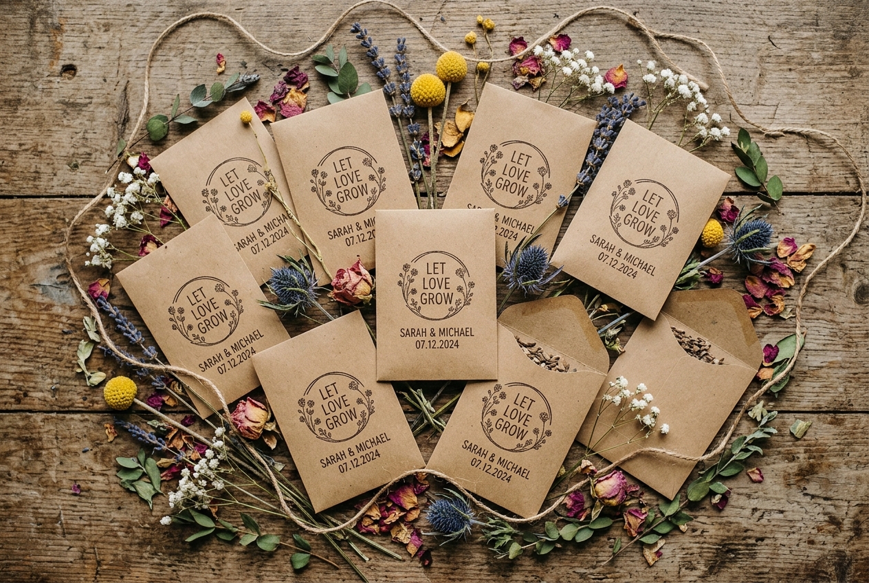 Eco-friendly wedding favours — kraft paper envelopes with wildflower seed packets stamped with 'Let Love Grow'
