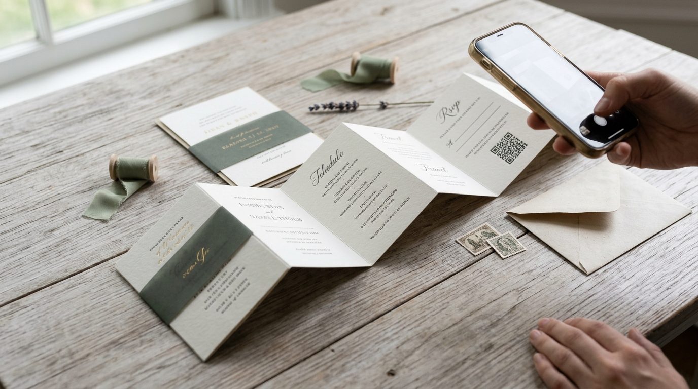 Concertina folds: the format everyone is photographing for 2026 Wedding Stationery Trends: QR Codes & Letterpress