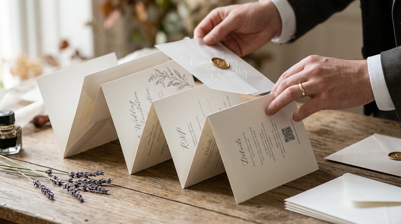 Concertina folds: the format everyone is photographing for 2026 Wedding Stationery Trends: QR Codes & Letterpress