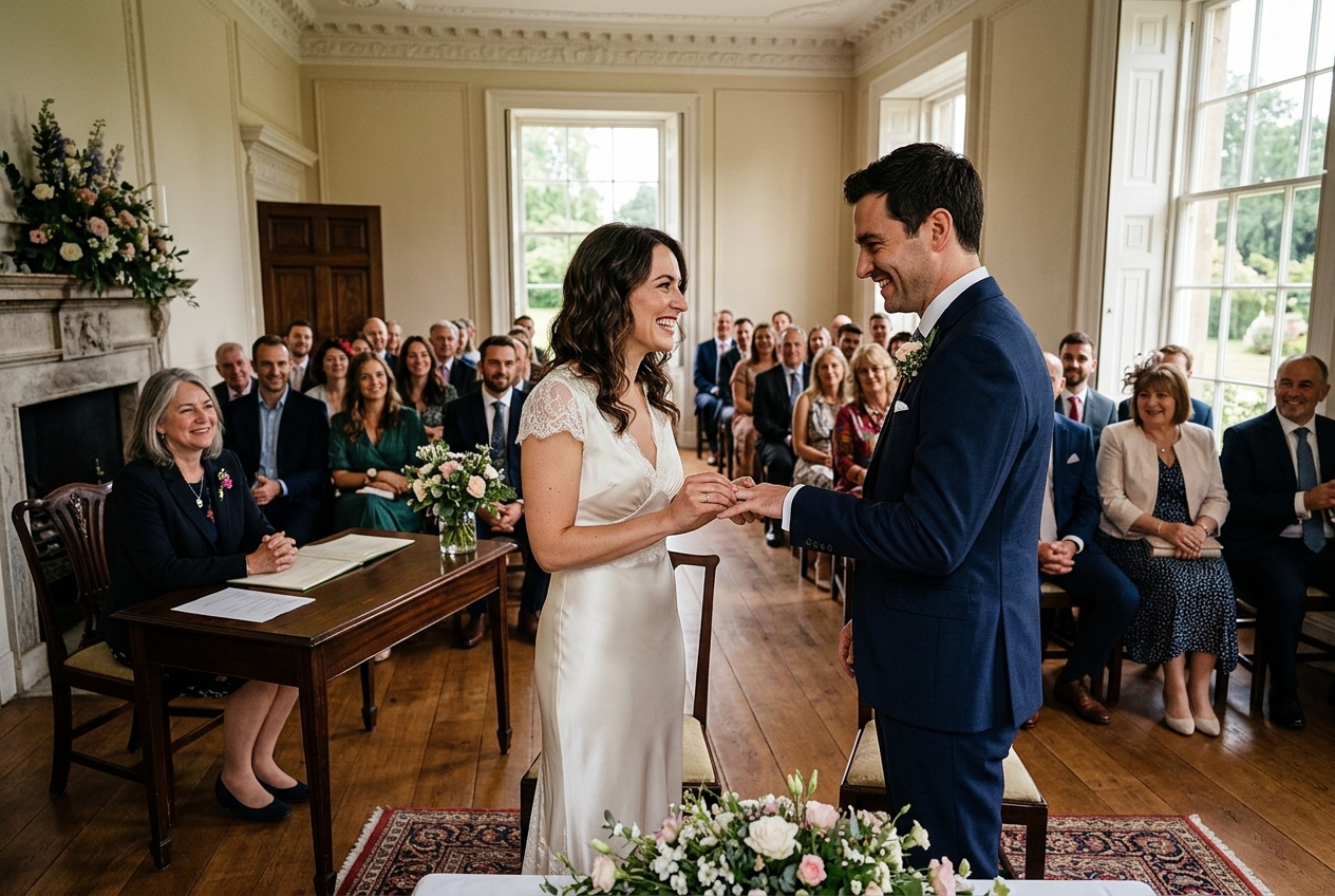 Couple exchanging rings during a civil ceremony in an English country house