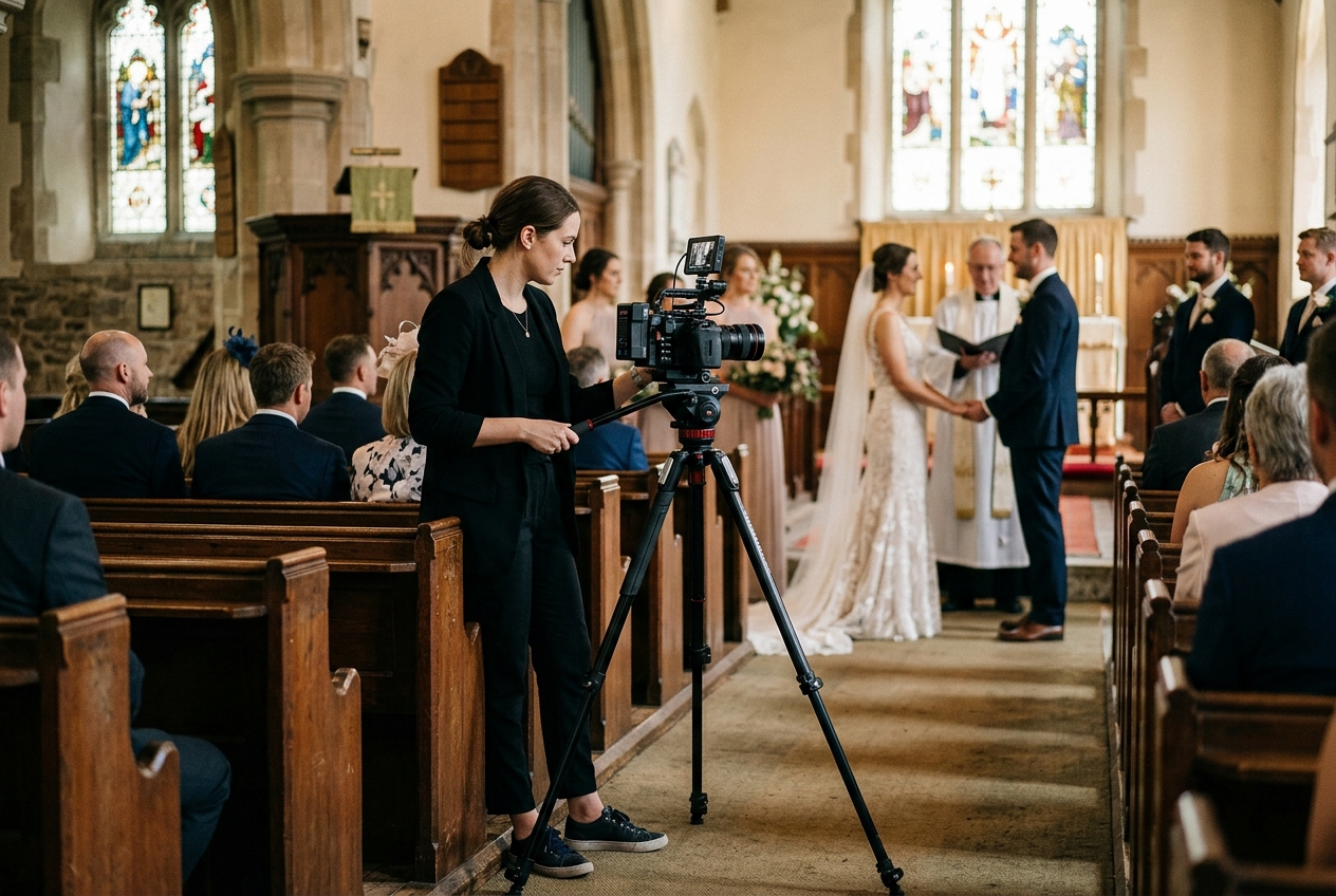 Videographer with a camera on a tripod capturing the ceremony from the side aisle