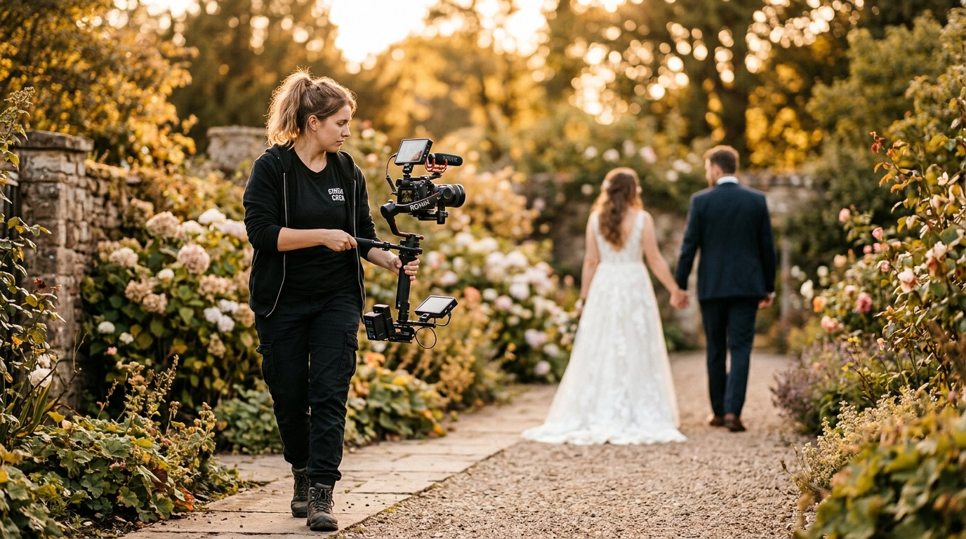 Wedding videographer with a gimbal filming the couple walking through a garden at golden hour