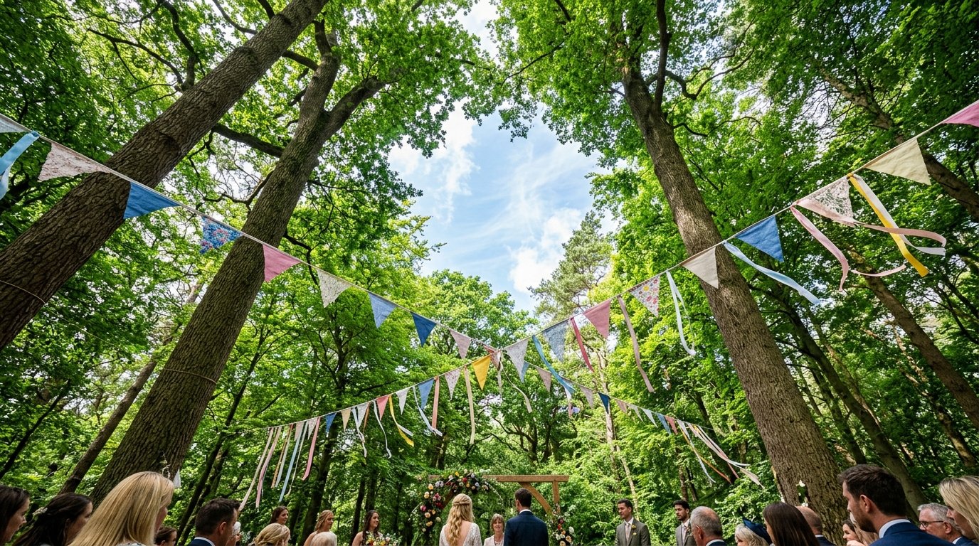 Forest canopy seen from below during a woodland wedding, mature trees forming a natural green ceiling with bunting