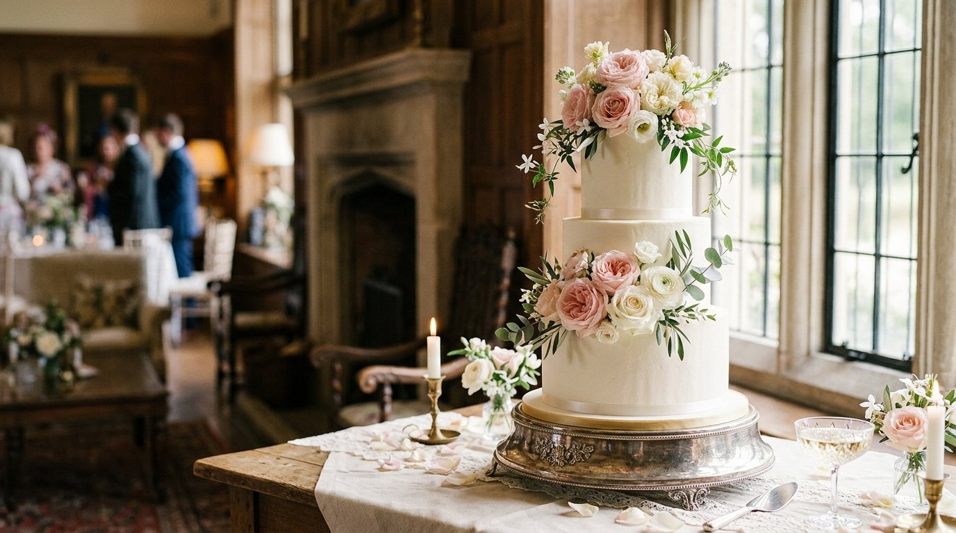 Elegant wedding cake decorated with fresh flowers